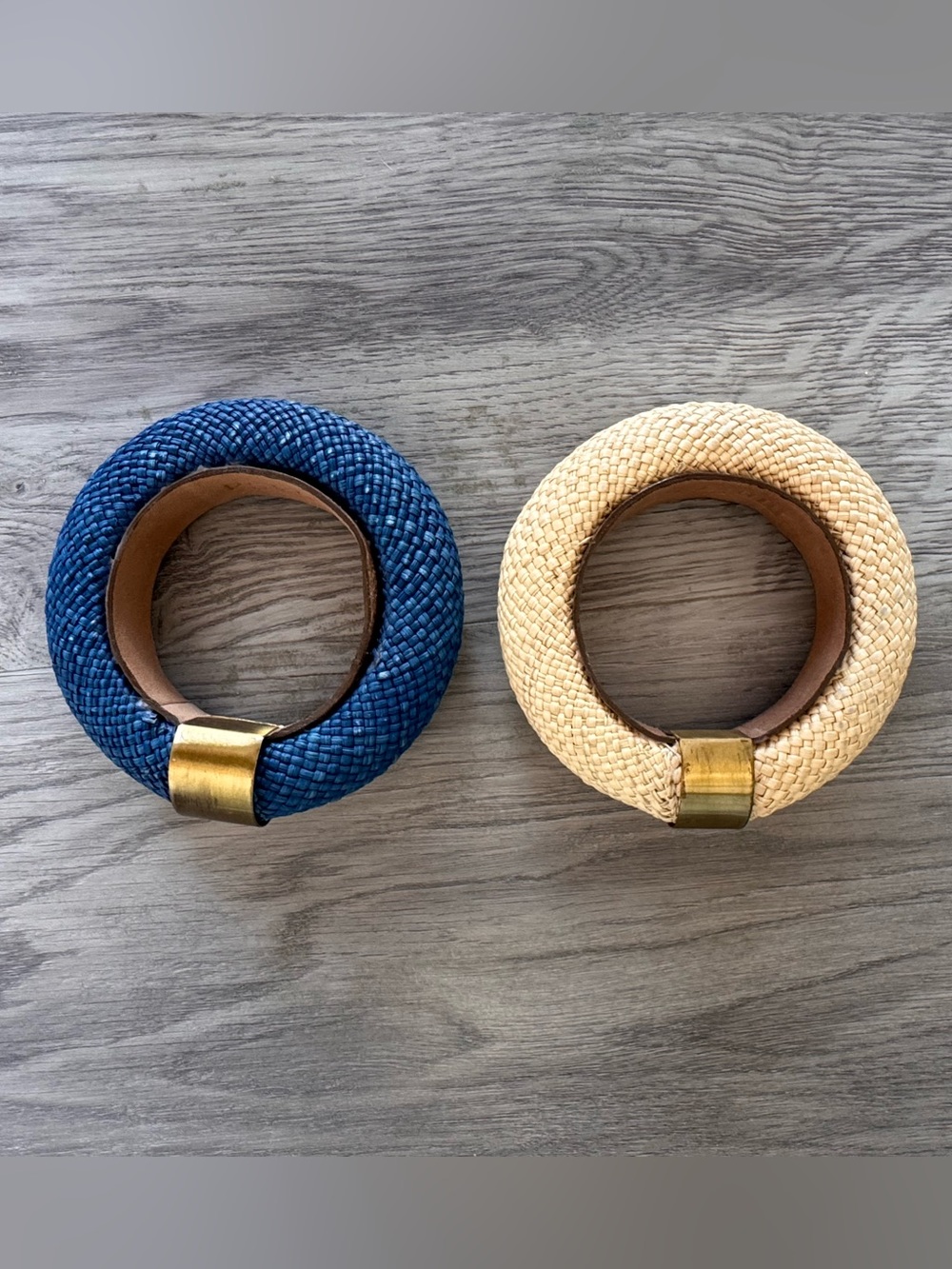 Woven Round Statement Bracelet - Navy & Natural with brass detail